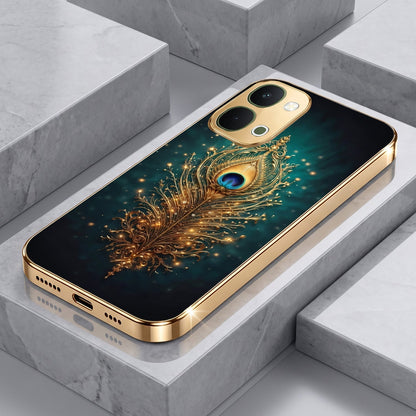 Vivo Y51 Pro 5G Golden Peacock Feather Gold Electroplated Glass Phone Back Case