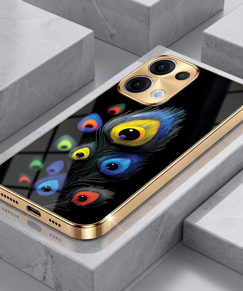Oppo Reno 13 5G Premium Peacock Feather Gold Electroplated Glass Phone Back Case