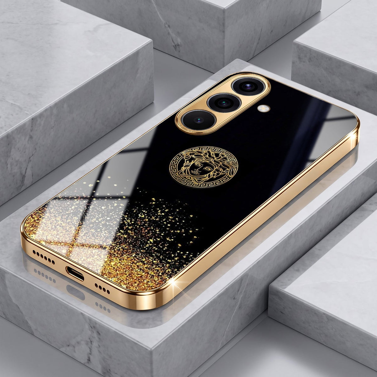 Samsung Galaxy A56 5G Medusa Head Gold Electroplated Glass Phone Back Case