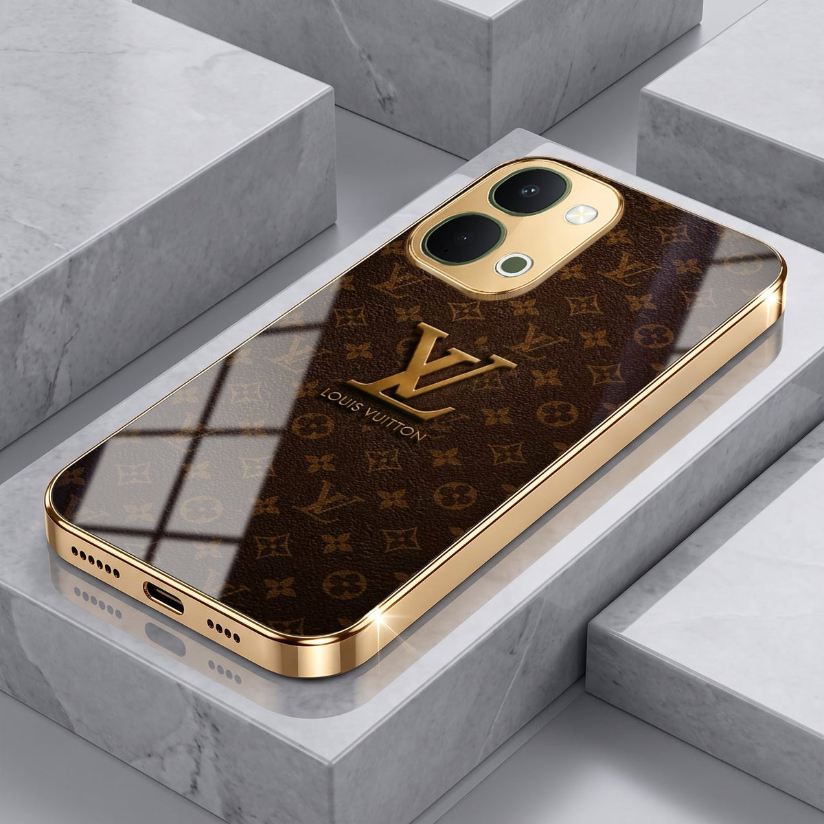 Vivo T5x 5G LV Brown Monogram Gold Electroplated Glass Phone Back Case