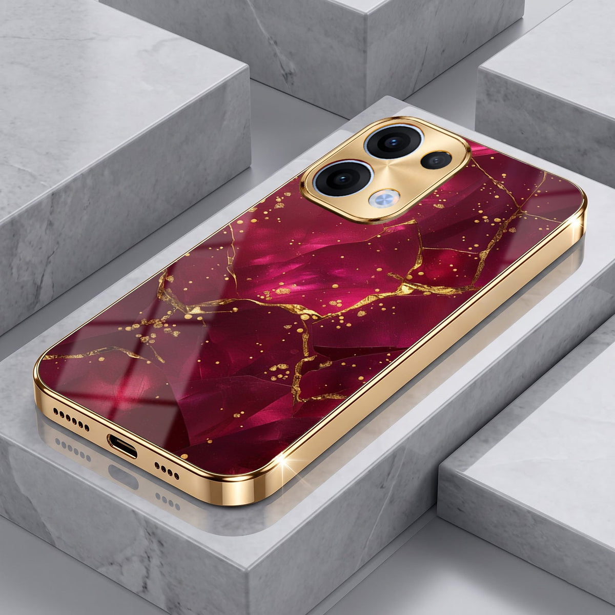 Oppo Reno 13 5G Luxury Crimson Marble Gold Electroplated Glass Phone Back Case