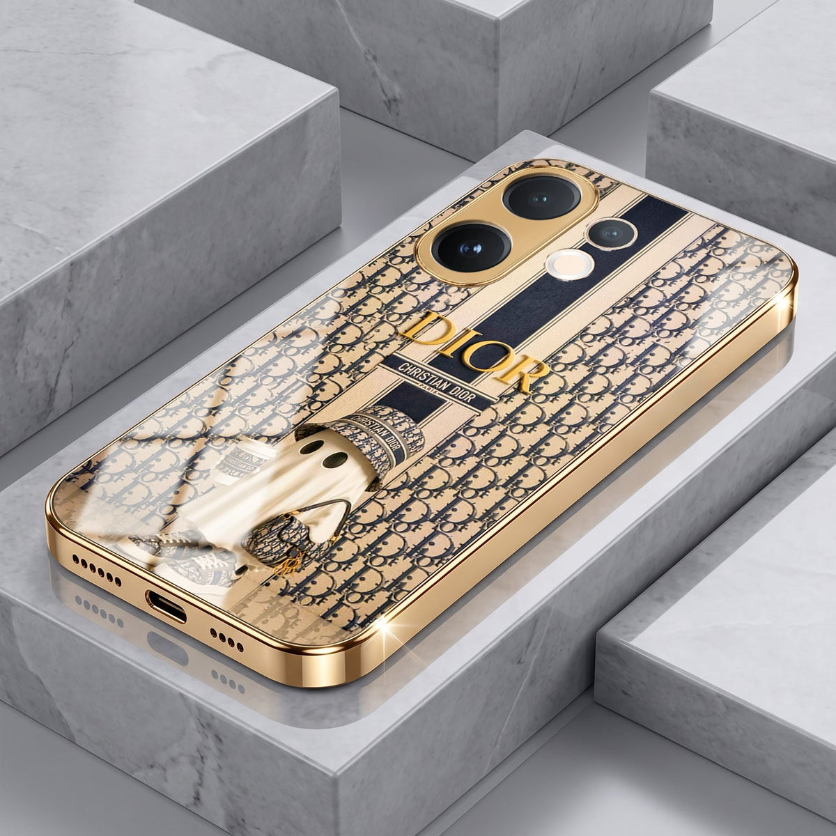 Vivo V60 5G Luxury Dior Gold Electroplated Glass Phone Back Case