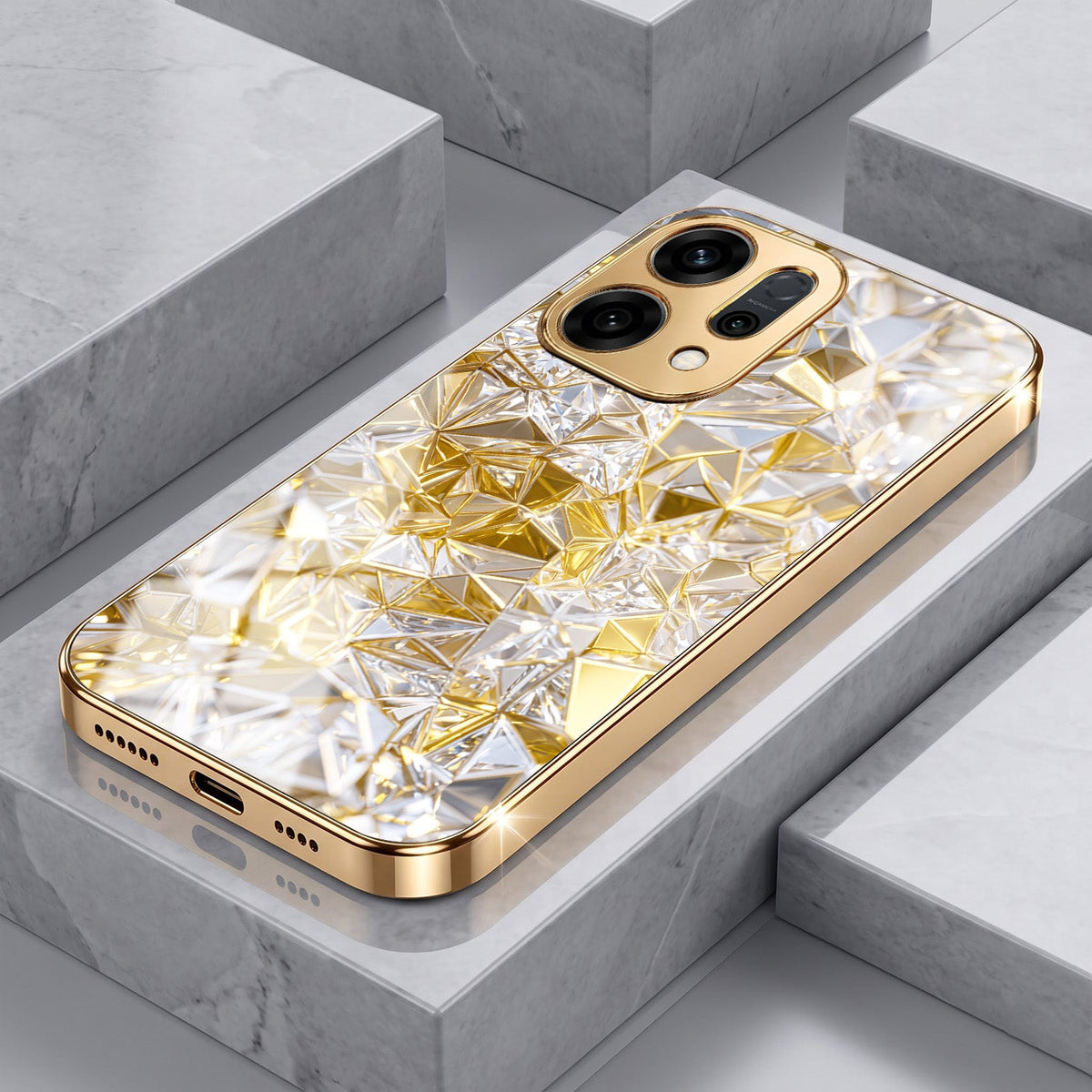 Oppo Reno 14 5G White Diamond Shatter Gold Electroplated Glass Phone Back Case