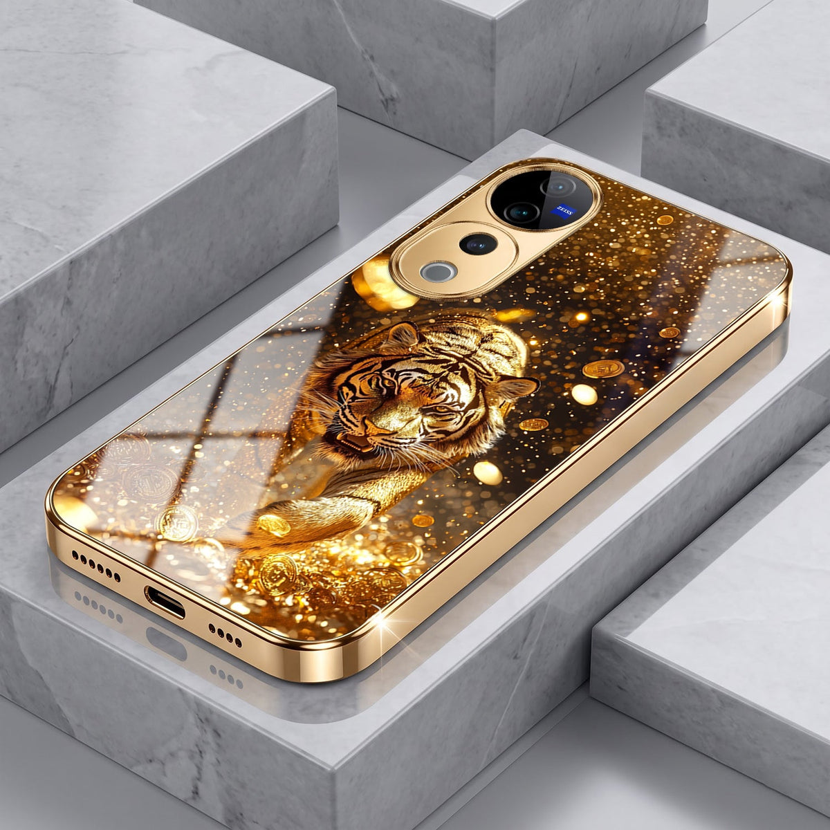 Oppo Reno 15 Pro Mini 5G Luxury Tiger Gold Electroplated Glass Phone Back Case