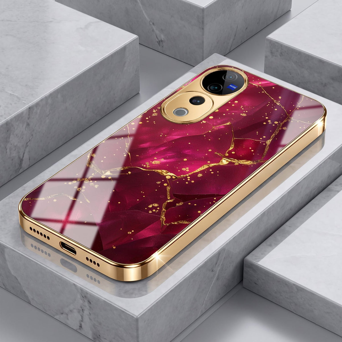 Vivo V40 Pro 5G Luxury Crimson Marble Gold Electroplated Glass Phone Back Case