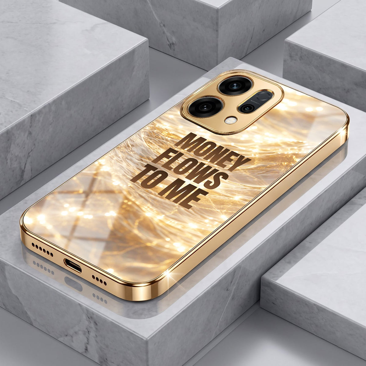 Oppo Reno 14 5G Money Flows To Me Gold Electroplated Glass Phone Back Case