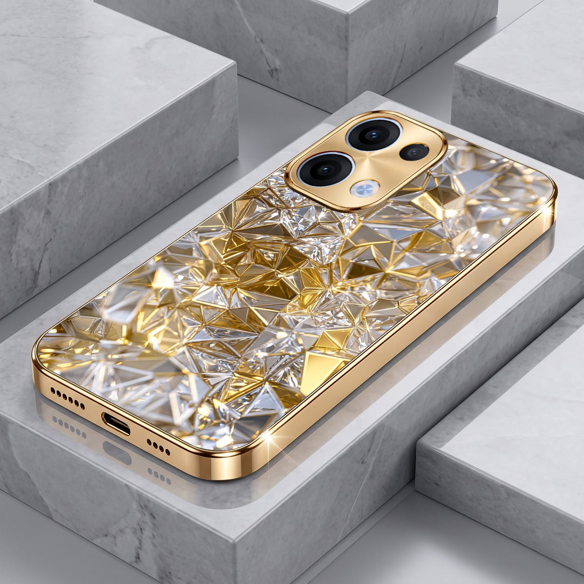Oppo Reno 13 5G White Diamond Shatter Gold Electroplated Glass Phone Back Case