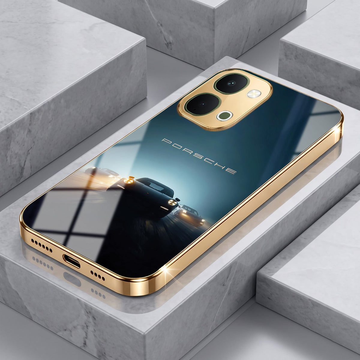 Vivo T5x 5G Porsche Luxury Gold Electroplated Glass Phone Back Case