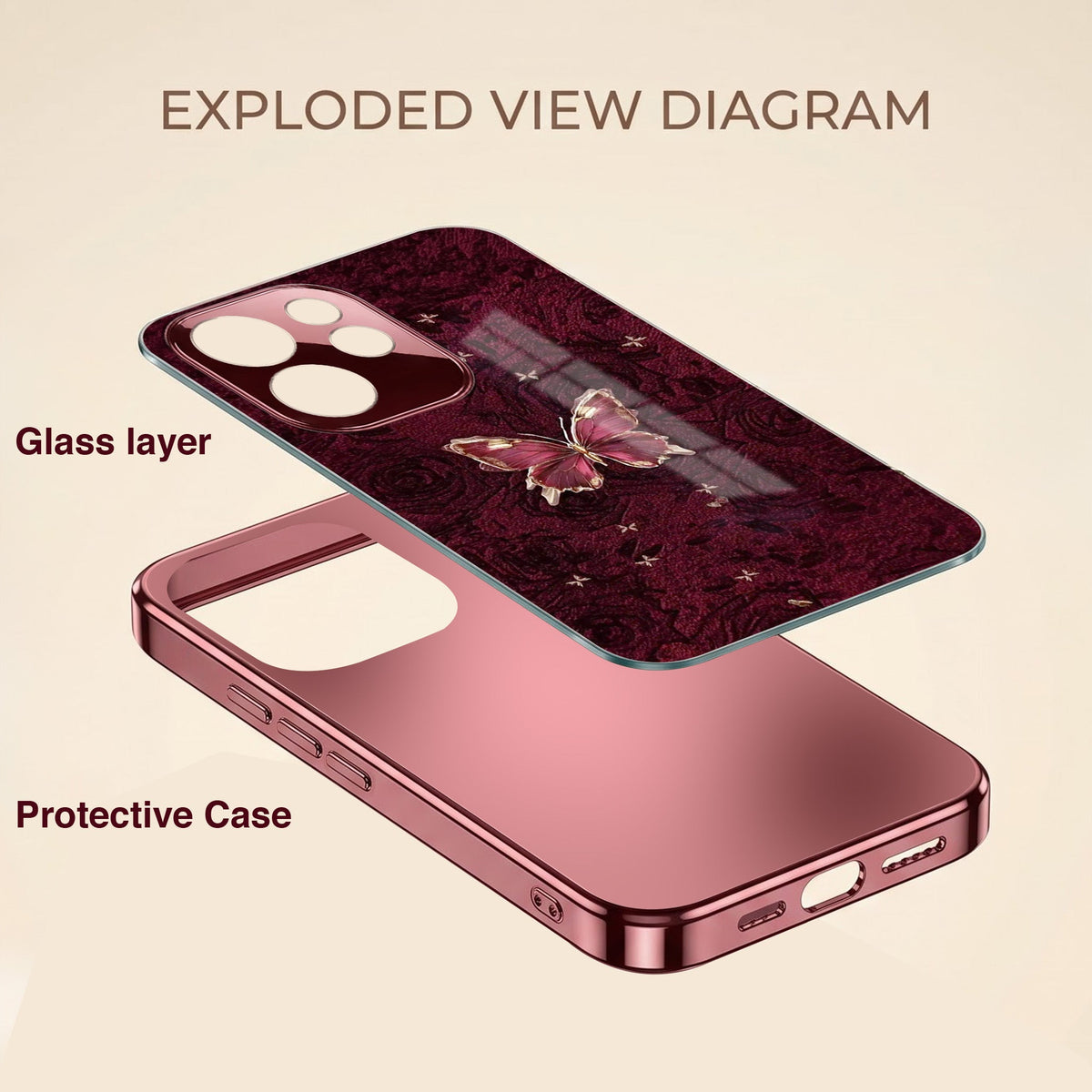 Oppo Reno 15 Pro Mini 5G Butterfly Burgundy Electroplated Glass Back Case