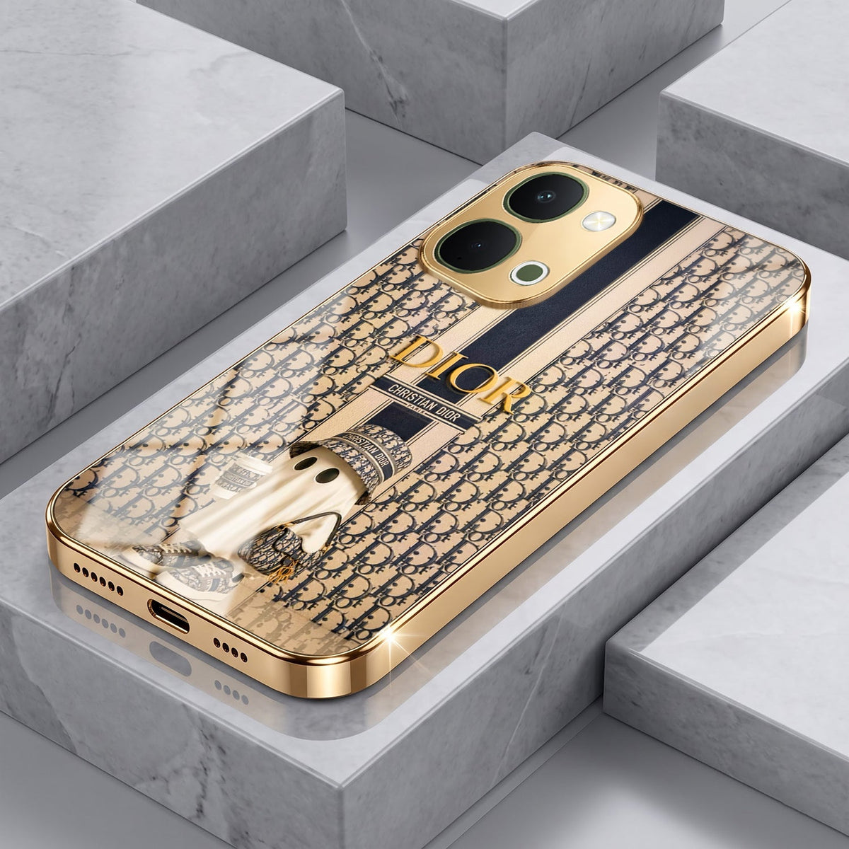 Vivo T5x 5G Luxury Dior Gold Electroplated Glass Phone Back Case