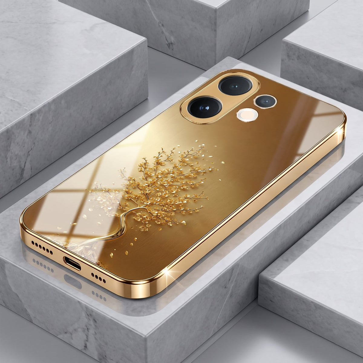 Vivo V60 5G Golden Tree Gold Electroplated Glass Phone Back Case