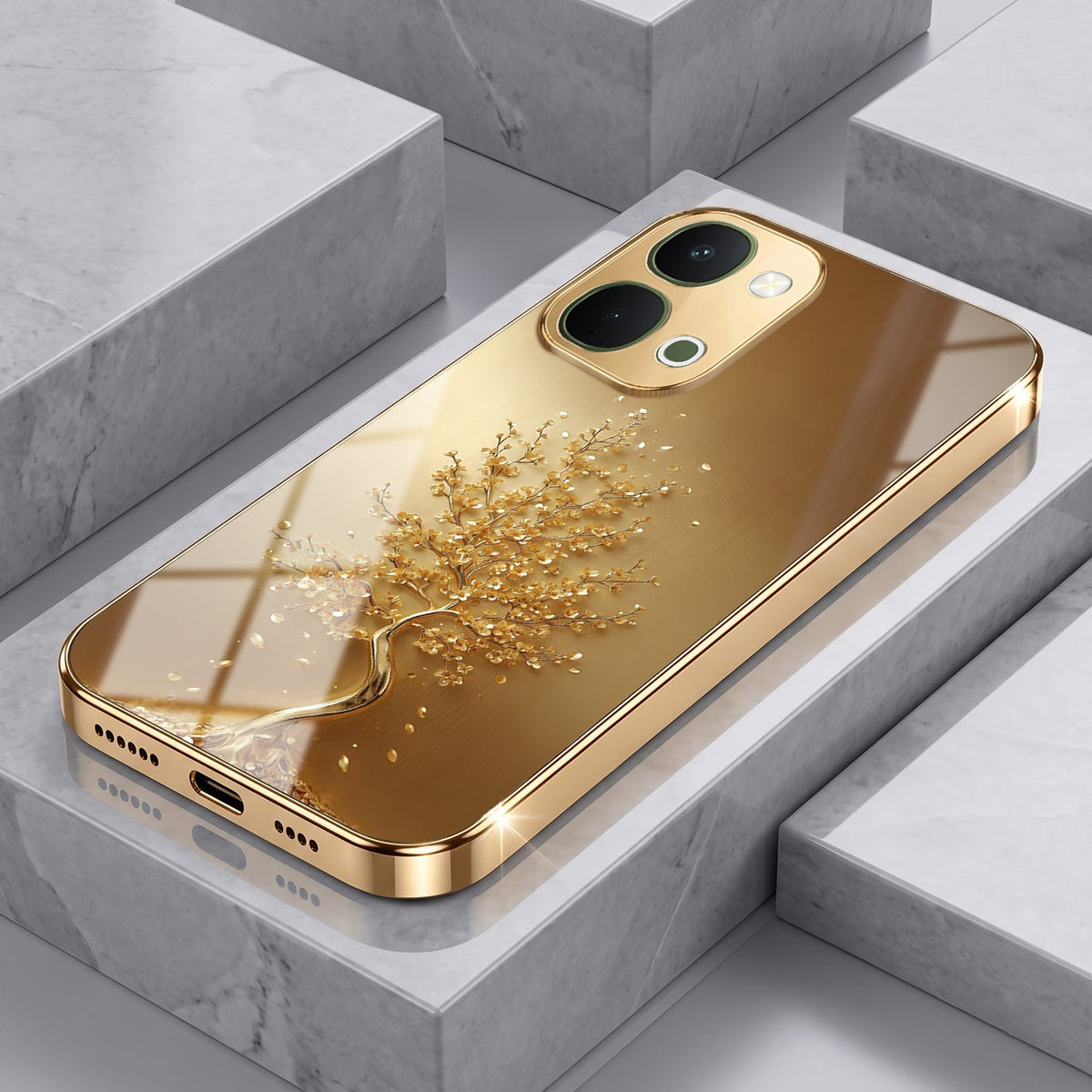 Vivo T5x 5G Golden Tree Gold Electroplated Glass Phone Back Case