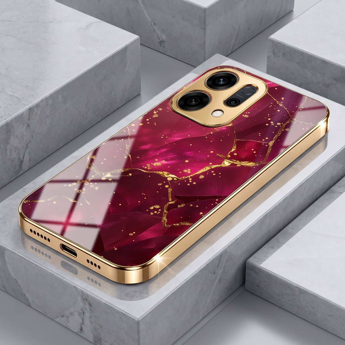 Oppo Reno 14 5G Luxury Crimson Marble Gold Electroplated Glass Phone Back Case