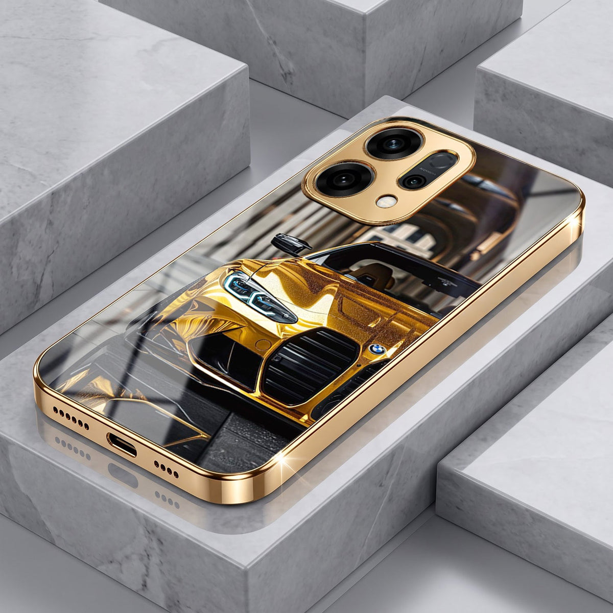 Oppo Reno 14 5G Golden BMW Gold Electroplated Glass Phone Back Case