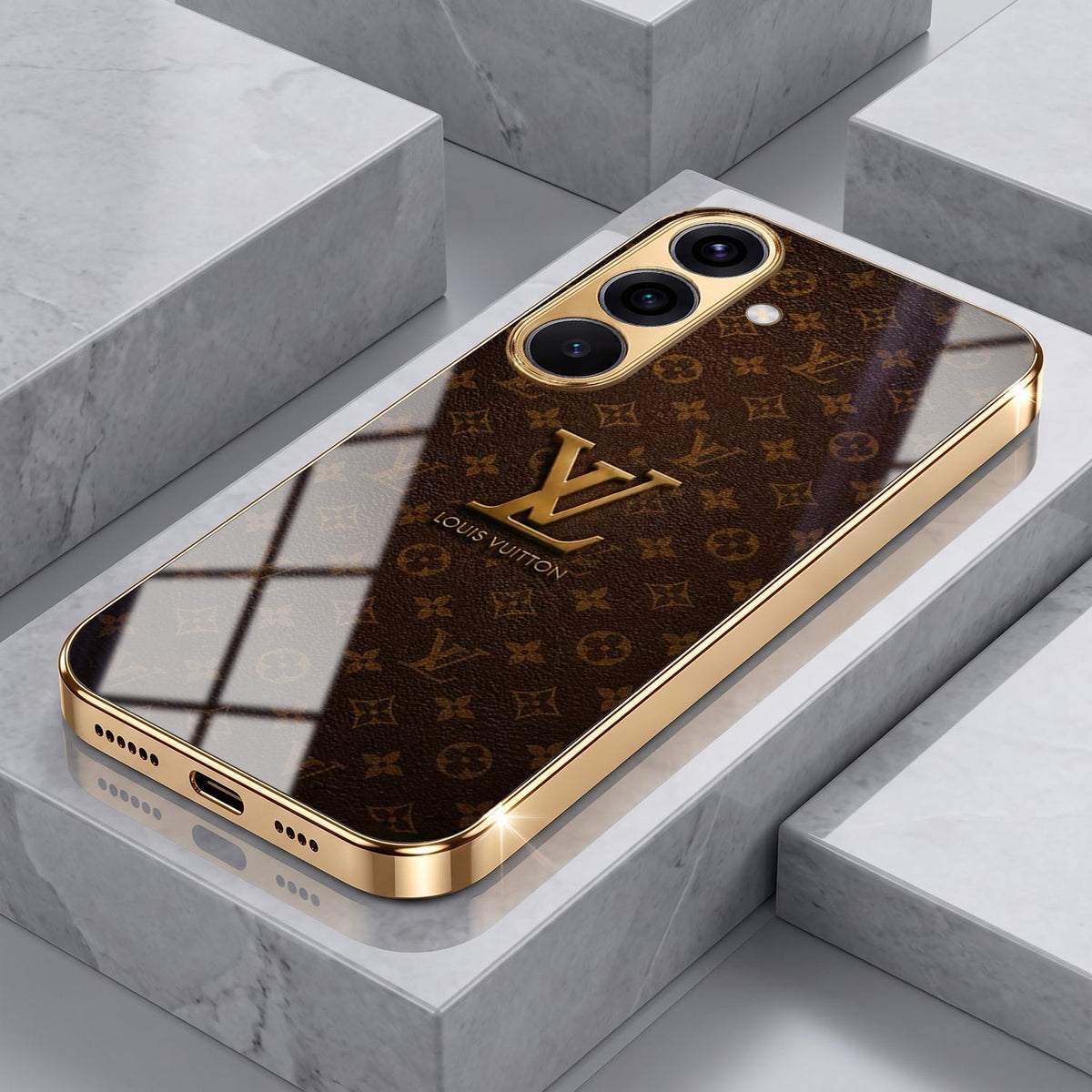 Samsung Galaxy A56 5G LV Brown Monogram Gold Electroplated Glass Phone Back Case