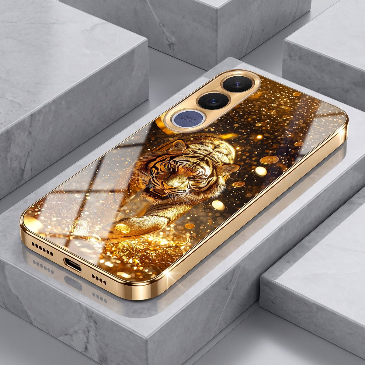 Vivo V70 FE 5G Luxury Tiger Gold Electroplated Glass Phone Back Case