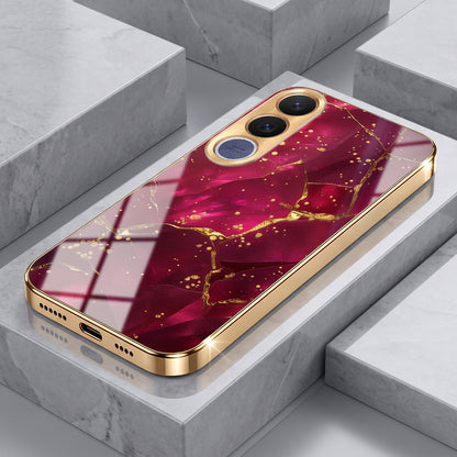 Vivo V70 FE 5G Luxury Crimson Marble Gold Electroplated Glass Phone Back Case