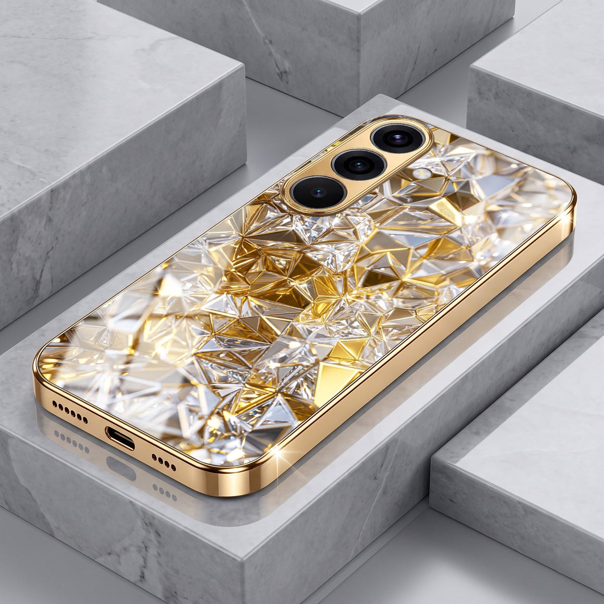 Samsung Galaxy A56 5G White Diamond Shatter Gold Electroplated Glass Phone Back Case