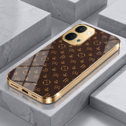 Vivo T5X 5G Luxury Monogram Brown Gold Electroplated Glass Phone Back Case