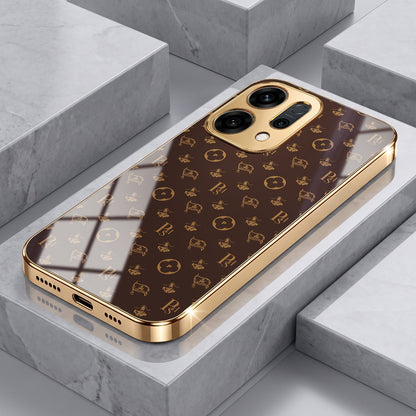 Oppo Reno 13 5G Luxury Monogram Brown Gold Electroplated Glass Phone Back Case