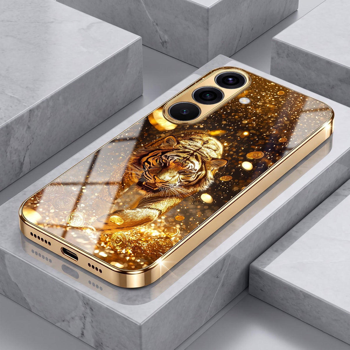 Samsung Galaxy A56 5G Luxury Tiger Gold Electroplated Glass Phone Back Case