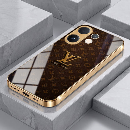 Vivo V60 5G LV Brown Monogram Gold Electroplated Glass Phone Back Case