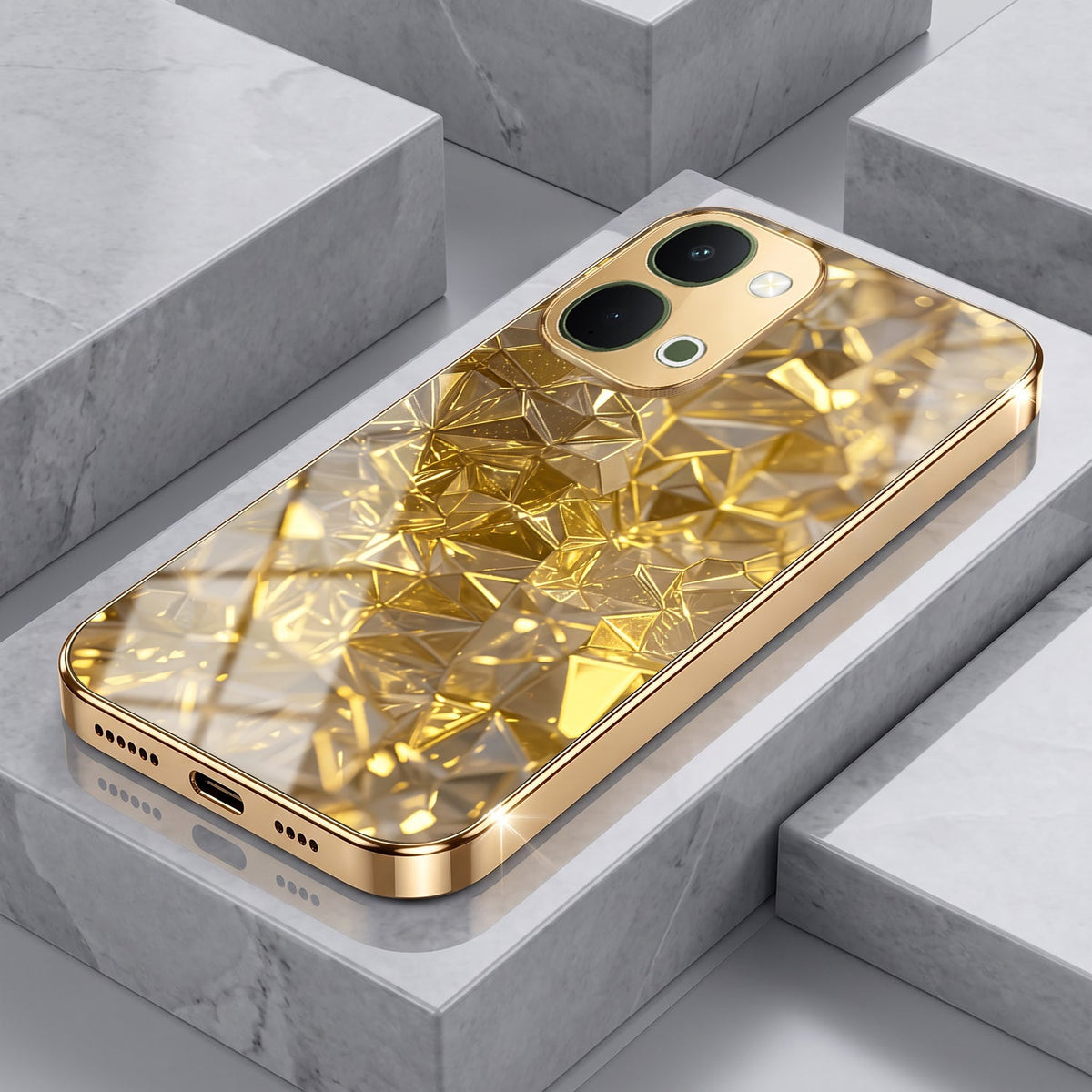 Vivo T5x 5G Golden Diamond Shatter Gold Electroplated Glass Phone Back Case