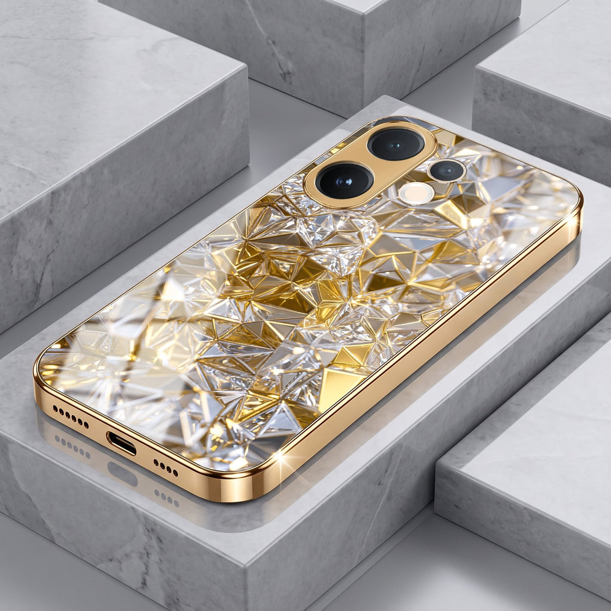 Vivo V60 5G White Diamond Shatter Gold Electroplated Glass Phone Back Case