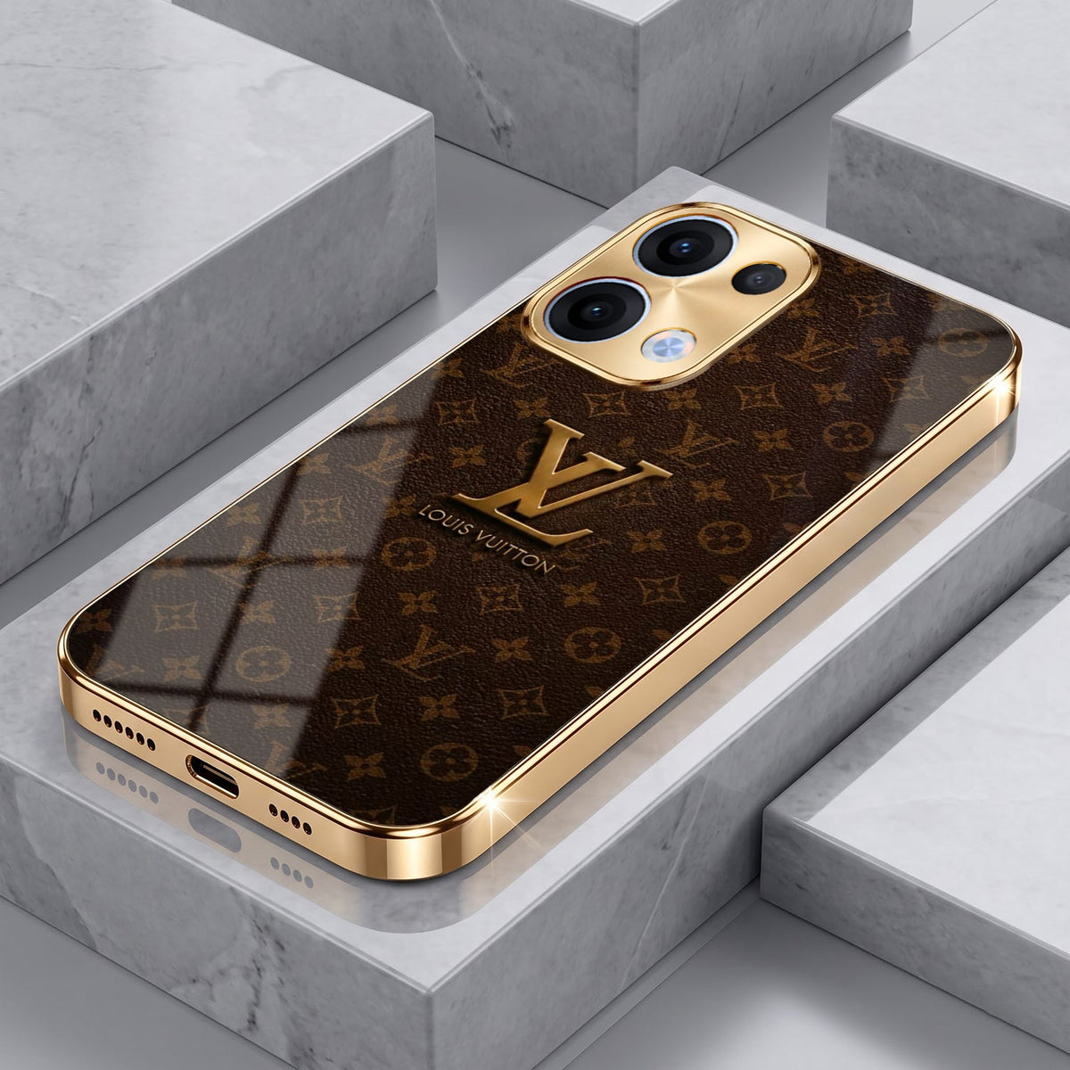 Oppo Reno 13 5G LV Brown Monogram Gold Electroplated Glass Phone Back Case