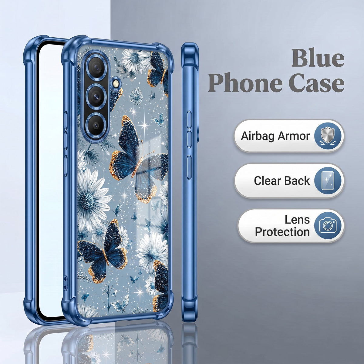 Samsung Galaxy A56 5G Blue Butterfly Floral Airbags Printed Back Case