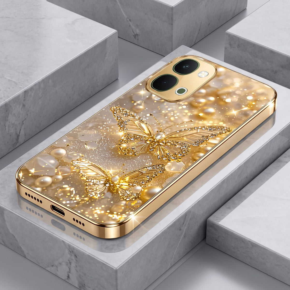 Vivo Y51 Pro 5G Golden Butterfly Gold Electroplated Glass Phone Back Case