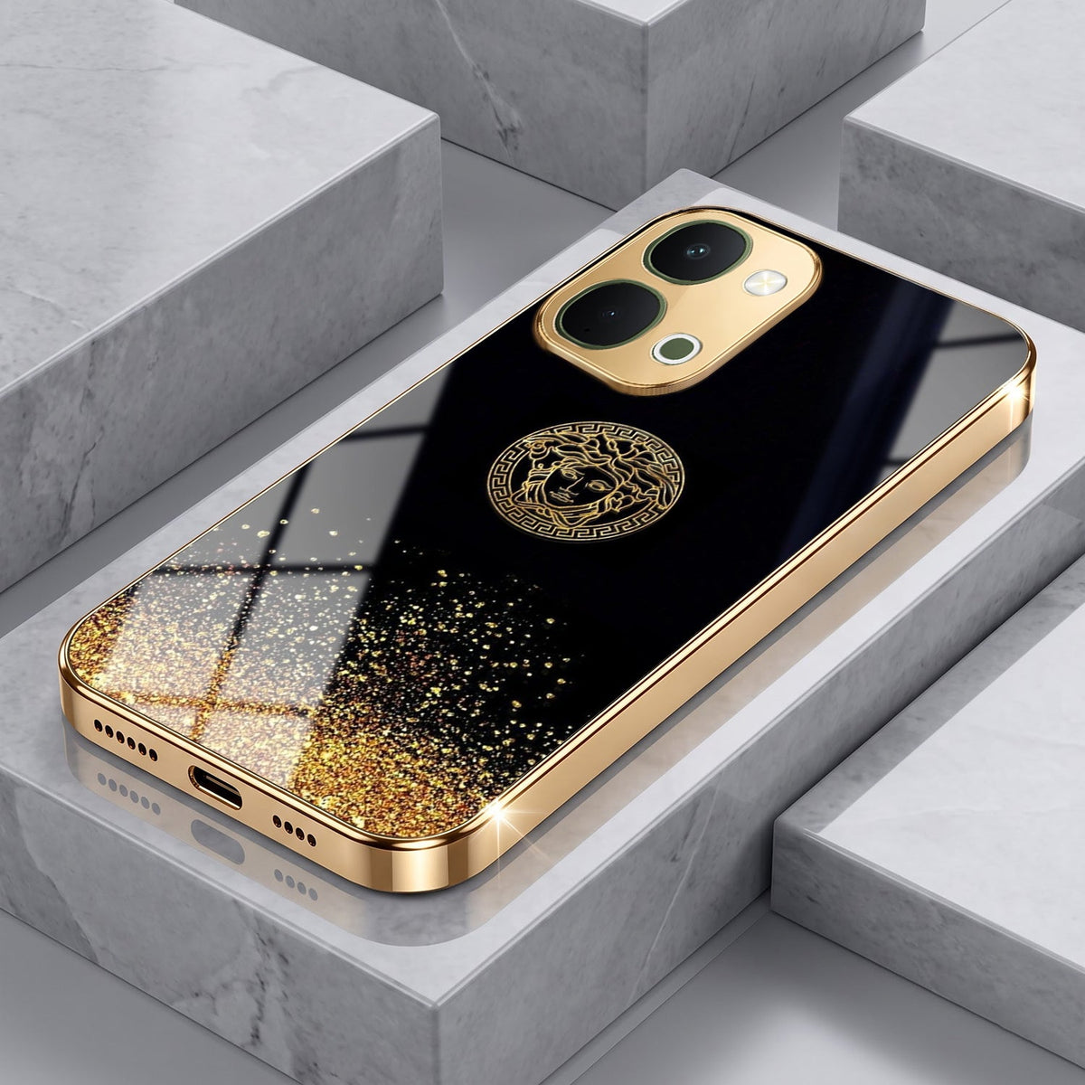 Vivo T5x 5G Medusa Head Gold Electroplated Glass Phone Back Case