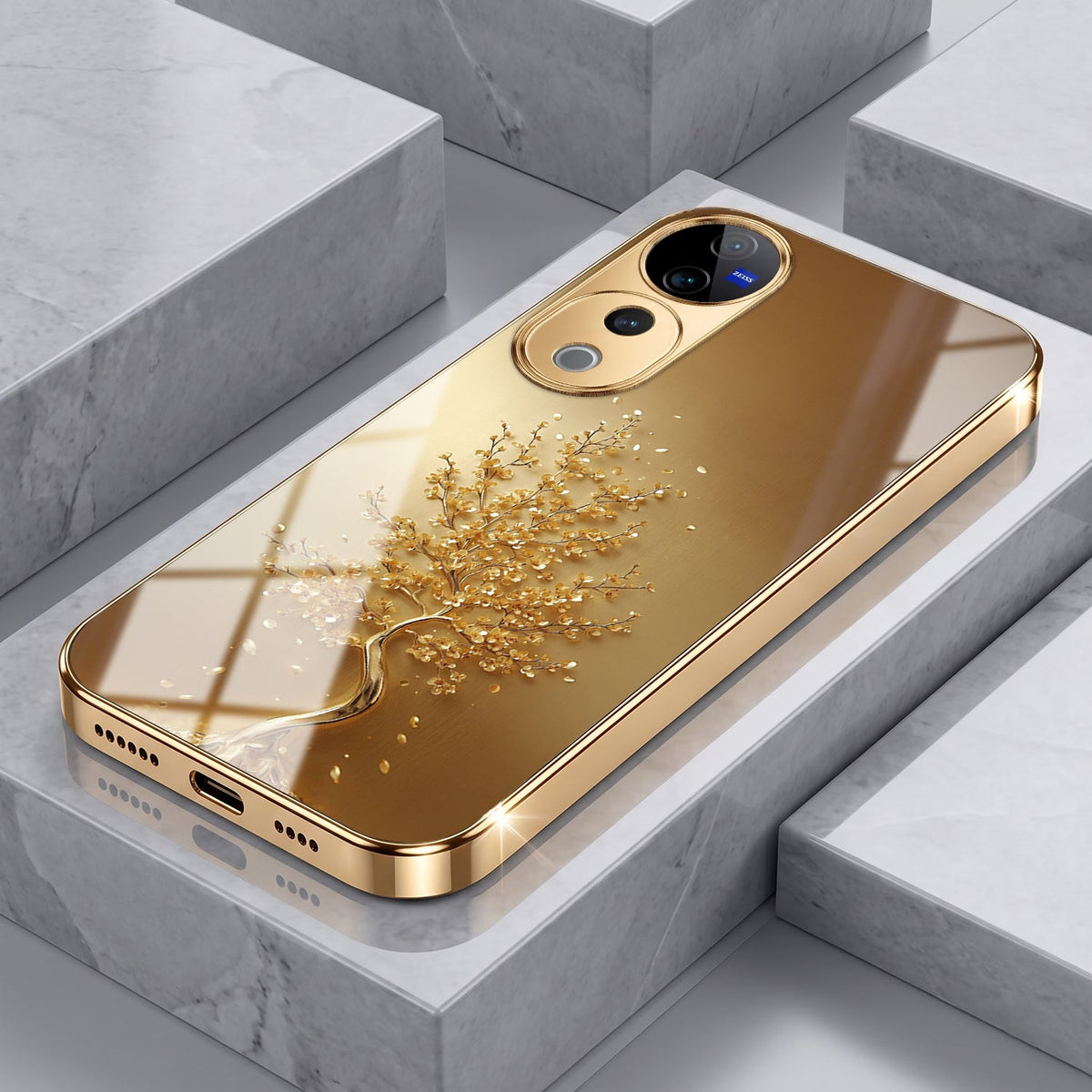 Vivo V40 Pro 5G Golden Tree Gold Electroplated Glass Phone Back Case