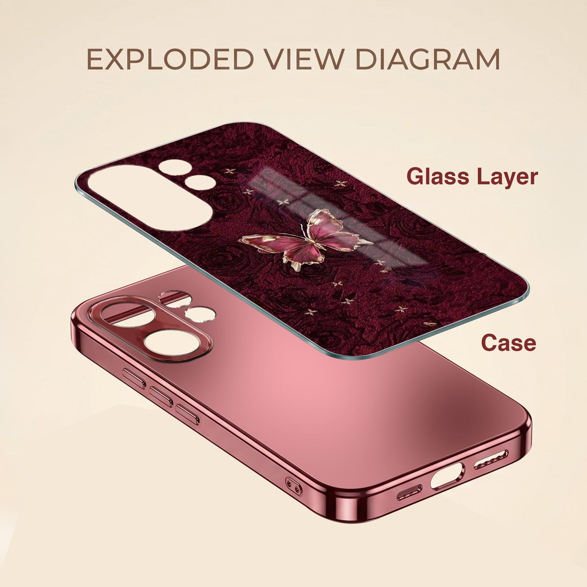 Vivo V60 5G Butterfly Burgundy Electroplated Glass Back Case