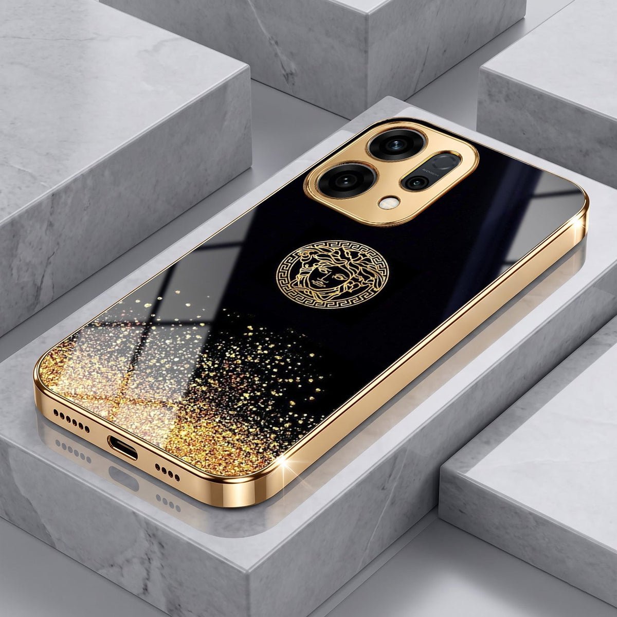 Oppo Reno 14 5G Medusa Head Gold Electroplated Glass Phone Back Case