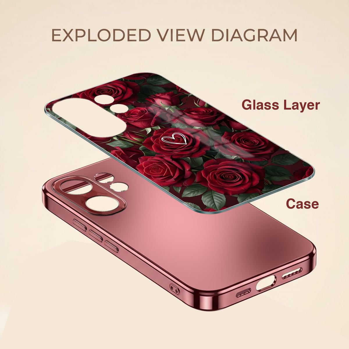 Vivo V60 5G Rose Heart Burgundy Electroplated Glass Back Case