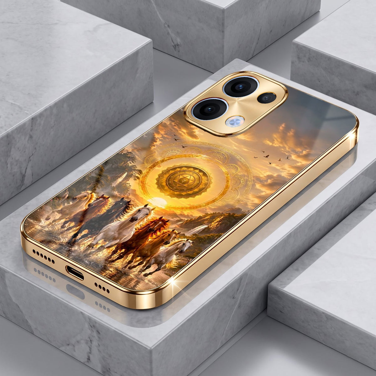 Oppo Reno 13 5G Celestial Seven Horses Gold Electroplated Glass Phone Back Case
