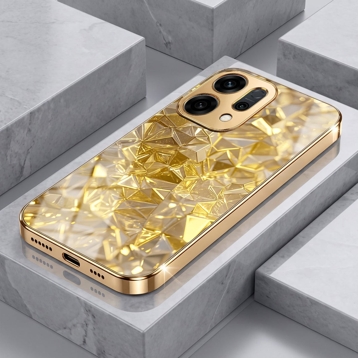 Oppo Reno 14 5G Golden Diamond Shatter Gold Electroplated Glass Phone Back Case