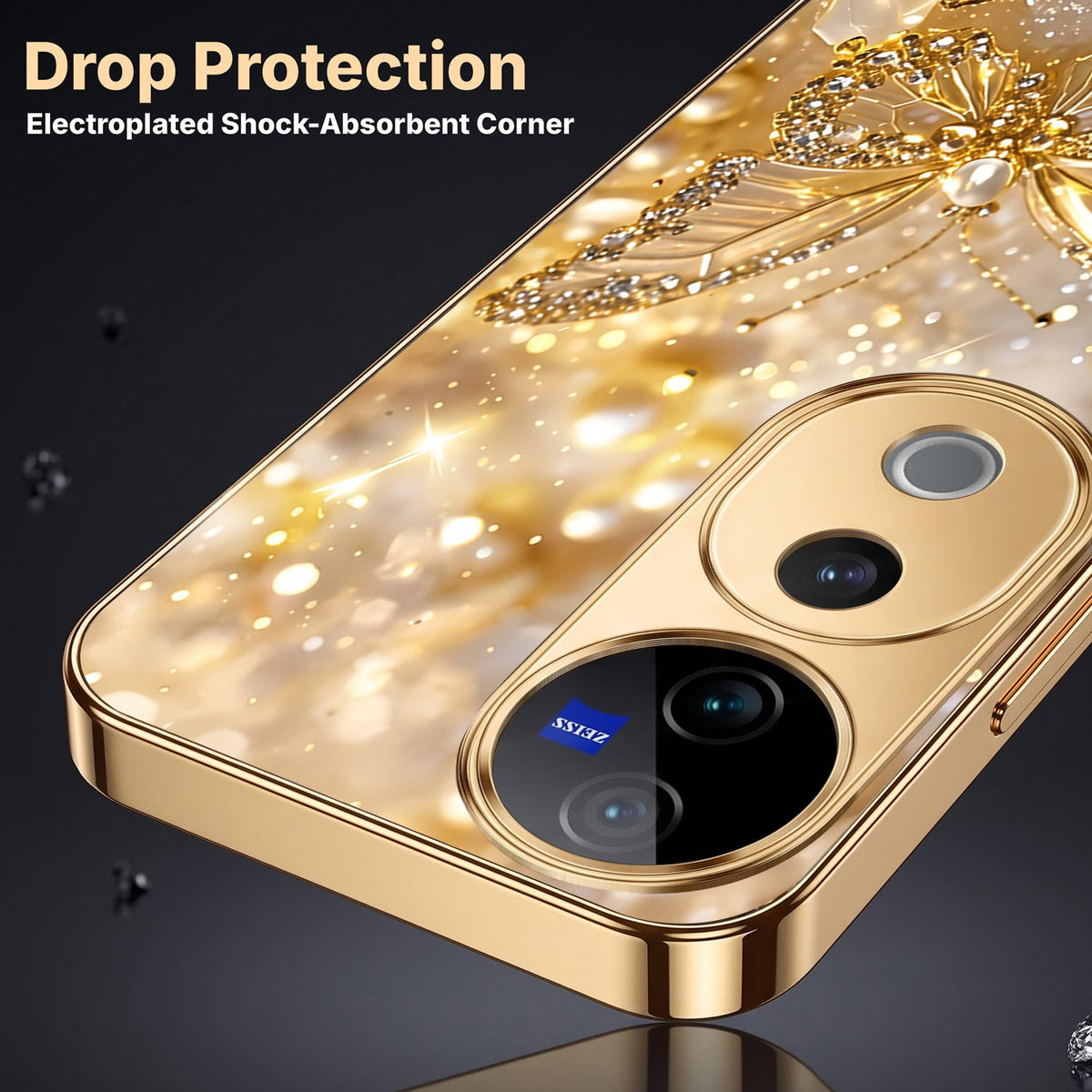 Vivo V40 Pro 5G Golden Butterfly Gold Electroplated Glass Phone Back Case