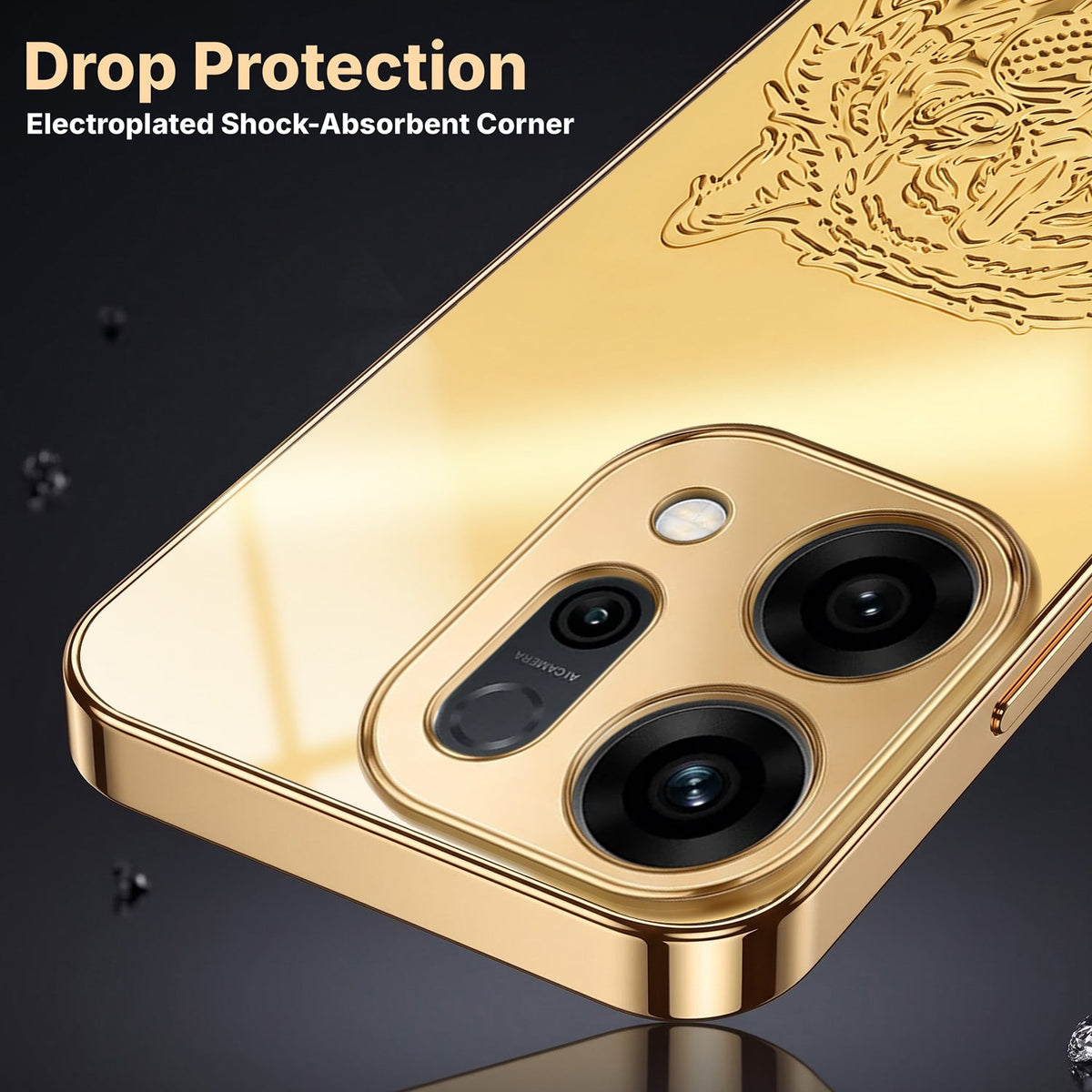 Oppo Reno 14 5G Golden Tiger Face Gold Electroplated Glass Phone Back Case