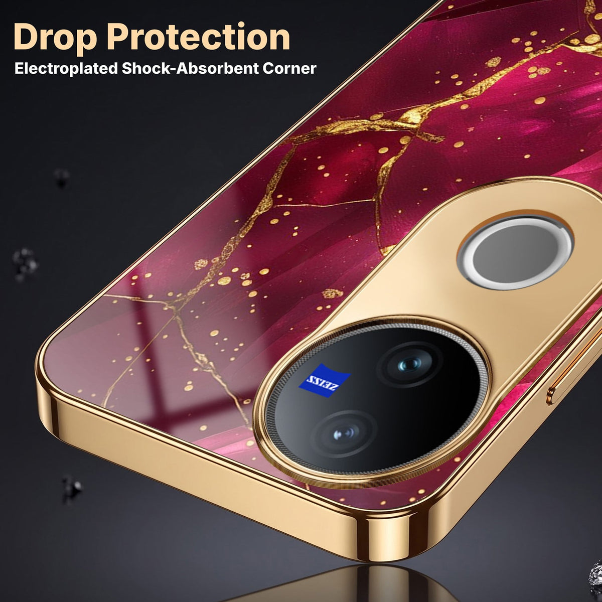 Vivo V50 5G Luxury Crimson Marble Gold Electroplated Glass Phone Back Case