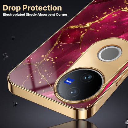 Vivo V50 5G Luxury Crimson Marble Gold Electroplated Glass Phone Back Case