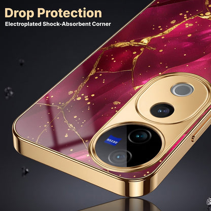 Vivo V40 Pro 5G Luxury Crimson Marble Gold Electroplated Glass Phone Back Case
