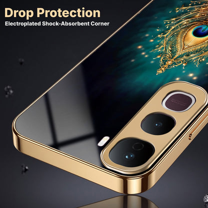 Vivo Y400 Pro 5G Golden Peacock Feather Gold Electroplated Glass Phone Back Case