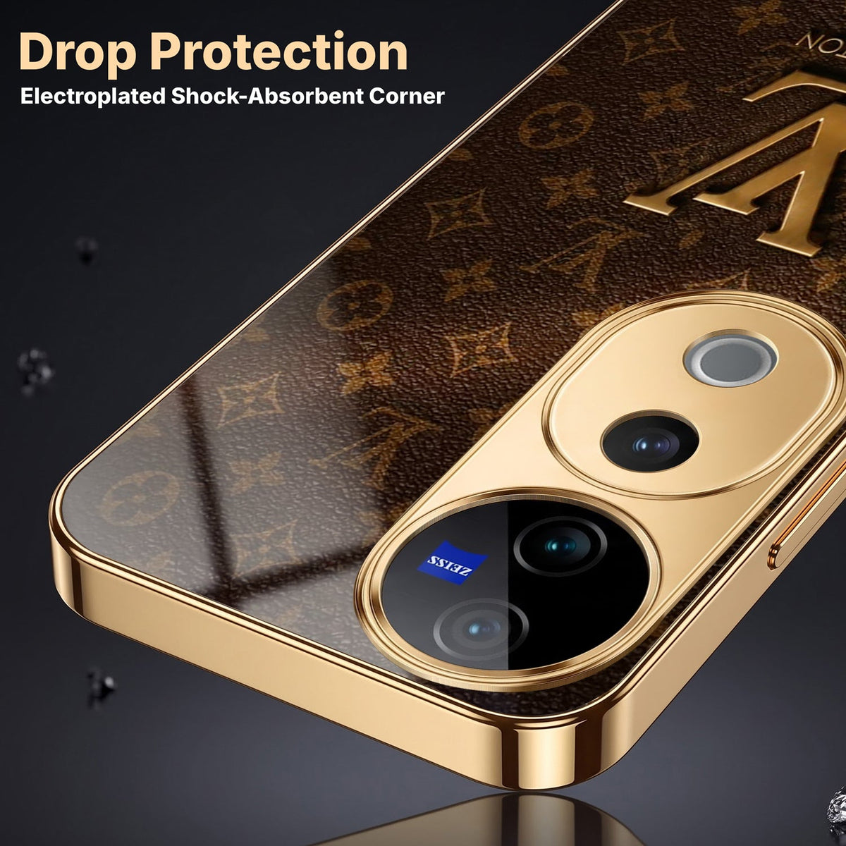 Vivo V40 Pro 5G LV Brown Monogram Gold Electroplated Glass Phone Back Case