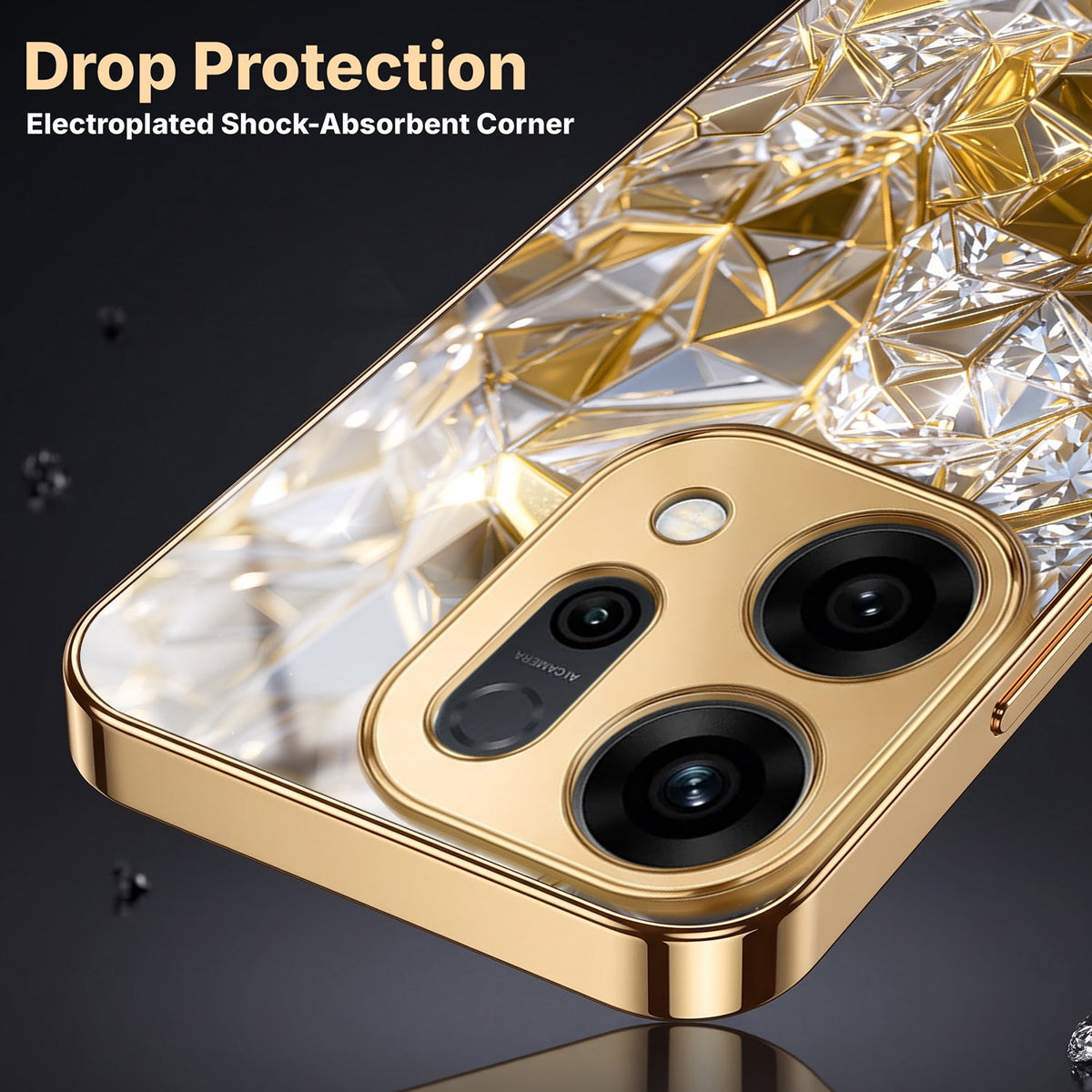 Oppo Reno 14 5G White Diamond Shatter Gold Electroplated Glass Phone Back Case