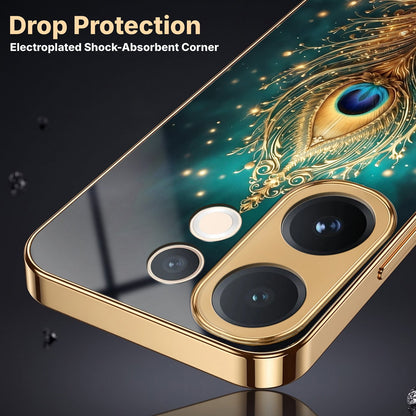 Vivo V60e 5G Golden Peacock Feather Gold Electroplated Glass Phone Back Case