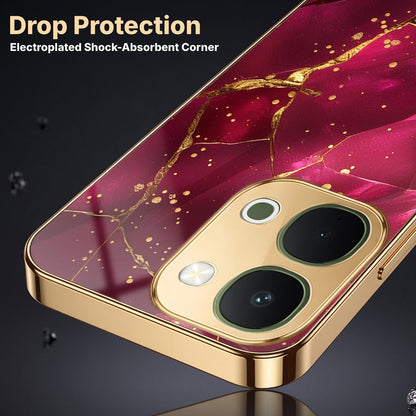 Vivo T5X 5G Luxury Crimson Marble Gold Electroplated Glass Phone Back Case