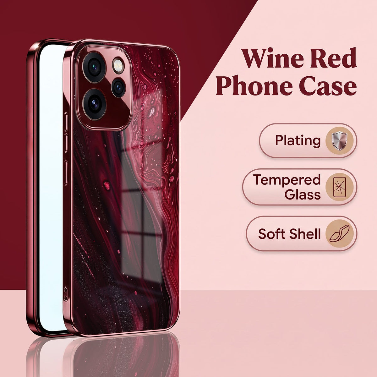 Oppo Reno 15 Pro Mini 5G Marble Burgundy Electroplated Glass Back Case