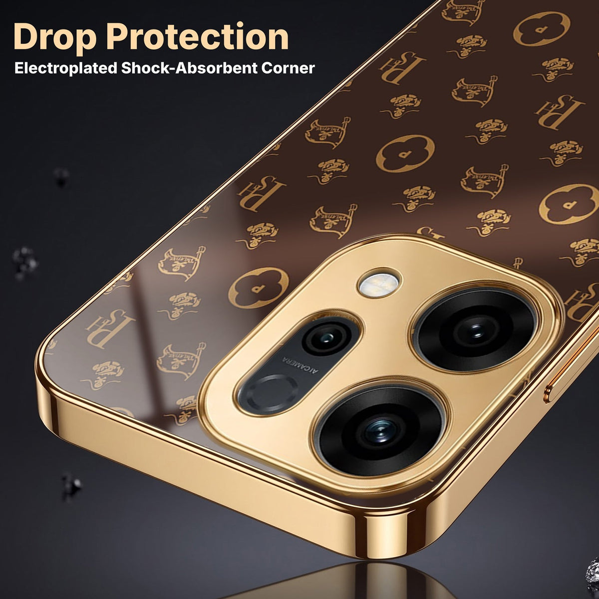 Oppo Reno 13 5G Luxury Monogram Brown Gold Electroplated Glass Phone Back Case
